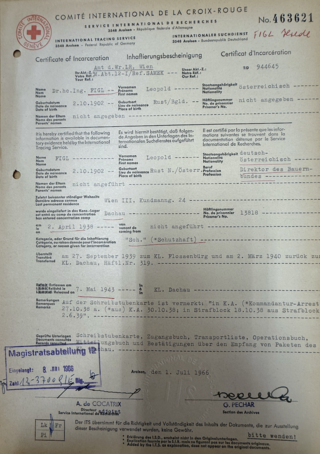 Confirmation from the International Red Cross about Leopold Figl's stay in a concentration camp