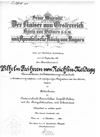 Свидетельство о награждении Рыцарским крестом австрийского императорского ордена Леопольда с военными наградами, с мечами от 5 октября 1918 года