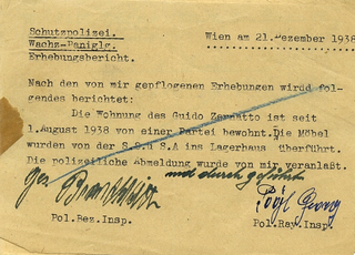 Photo der polizeilichen Wohnungsabmeldung von Guido Zernatto, inkl. der Meldung der Beschlagnahmung seiner Möbel