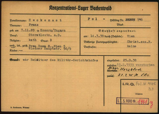 Franz Heckenast's file card from Buchenwald concentration camp