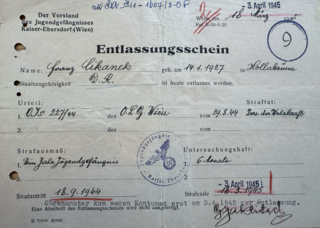 Entlassungsschein von Franz Cikanek aus dem Gefängnis Kaiser-Ebersdorf