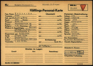 Личная карточка заключенного концентрационного лагеря Бухенвальд работы Ганса Фритше