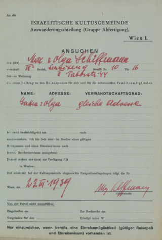 Demande d'émigration de Max et Olga Schiffmann auprès de la communauté israélite de Vienne