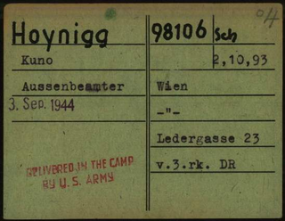 Karteikarte aus dem KZ Dachau von Kuno Hoynigg