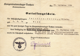 Свидетельство об освобождении Вильгельма Фрайхерра фон Райхлин-Мельдегга из концлагеря Дахау