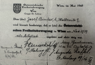 Фотография членского билета Йозефа Биндера в Австрийском движении за свободу 1945 года