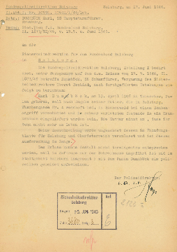Bericht der Bundespolizeidirektion Salzburg an die Sicherheitsdirektion über Karl Dumböck vom 17. Juni 1946